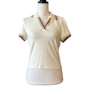 NWT Marbled Polo Collar Short Sleeve Stretch Knit Top Women’s XS in Egret